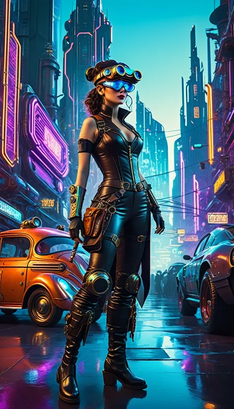 a girl in an atompunk city, wearing a futuristic outfit, with glowing neon lights reflecting on her metallic, high-tech goggles ...