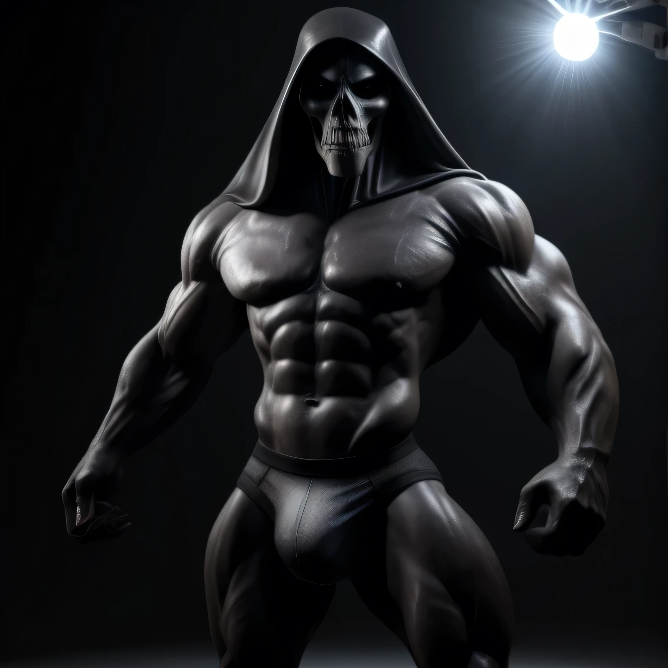 Exercised muscular grim reaper in ultra detailed briefs, 3D render, male solo, realistic, masterpiece, highest quality, lens flare, unreal engine, trending on ArtStation, intricate, high detail, dramatic, realism, muscular body, sculpted abs, toned legs, grim expression, serious eyes, dark background, by ArtisReaper, by BoneCrafter, by ShadowMaker.

The exercised muscular grim reaper is depicted in a 3D rendered image, standing alone in a dimly lit room. Dressed only in ultra detailed briefs that accentuate his incredible physique, every muscle is defined and sculpted to perfection. His