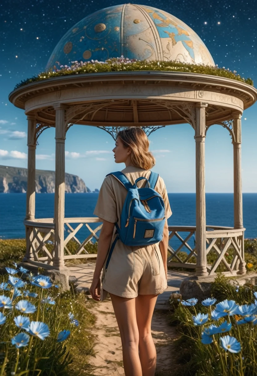 In a paradisiacal maze, the adventurer looks at a planetary constellation above a gazebo in front of which she is standing. She is wearing beige clothes and carrying a white backpack.
around her are ocean blue flowers on the meadow.
many details, extreme detailed, full of details,
Wide range of colors.
Many details everywhere. soft shadows. Low saturation colors. Insane quality. Insane resolution. Insane details. Masterpiece. 32k resolution.
Dramatic,Dynamic,Cinematic,Sharp details