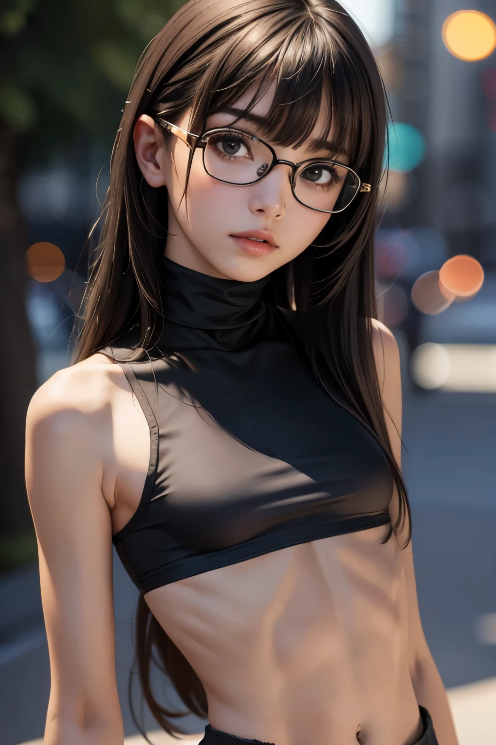 1girl, (skinny body : 1.2), (small breasts : 1.5), flat abs,long hair with bangs,wearing glasses, turtleneck crop top, portrait,bokeh