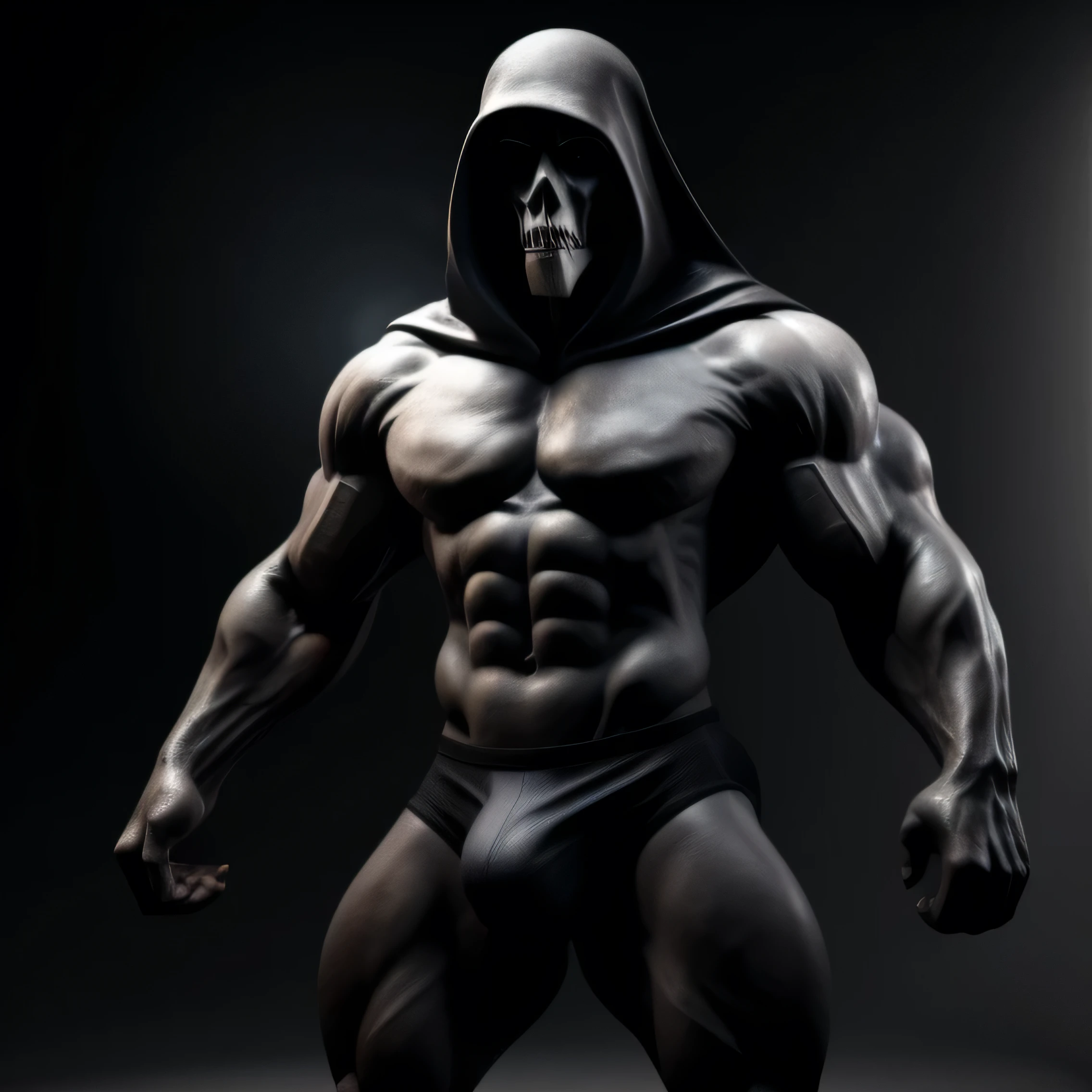 Exercised muscular grim reaper in ultra detailed briefs, 3D render, male solo, realistic, masterpiece, highest quality, lens flare, unreal engine, trending on ArtStation, intricate, high detail, dramatic, realism, muscular body, sculpted abs, toned legs, grim expression, serious eyes, dark background, by ArtisReaper, by BoneCrafter, by ShadowMaker.

The exercised muscular grim reaper is depicted in a 3D rendered image, standing alone in a dimly lit room. Dressed only in ultra detailed briefs that accentuate his incredible physique, every muscle is defined and sculpted to perfection. His