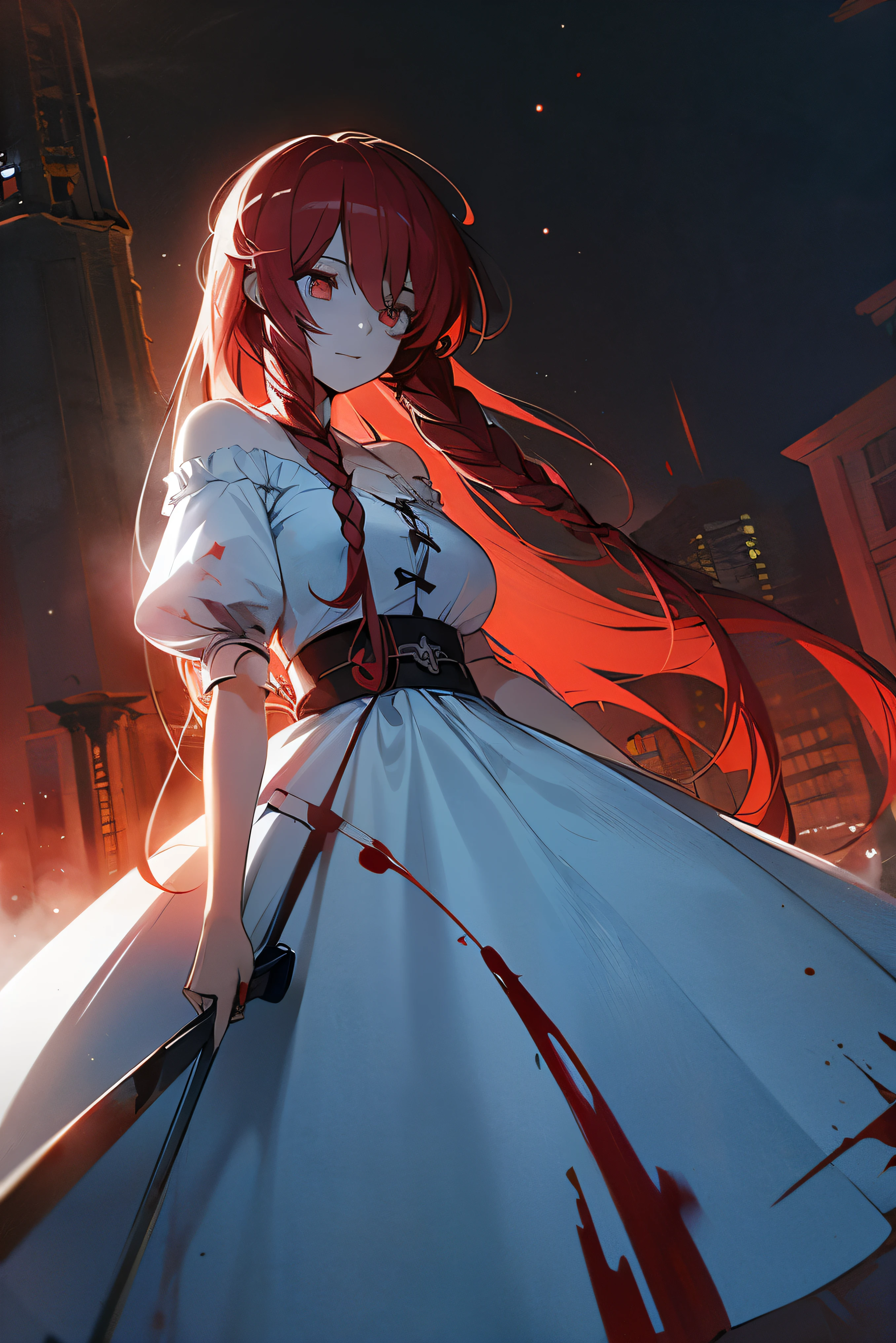 A girl, white eyes, black and red hair, long light blue dress with blood, psychotic look, perfect hand, beautiful face, in the background a destroyed medieval city, blue skin, best quality, masterpiece, hairstyle with double braids