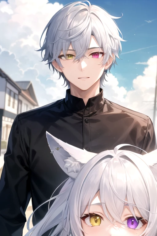 ((highest quality)), ((masterpiece)), (detailed), Perfect Face, One boy, Handsome man, 20〜30 years old, Adult Male,cool,Vtuber model,2d character ((White wolf ears)),  Short Hair, Shiny skin, Line art, Silver Hair,Idol Photo,((Heterochromia,Left eye glows yellow,right eye赤く輝く,right eye:Red pupil,Jewelry Eye,))Landscape,City Background,The whole body fits on the screen,Only 1 person