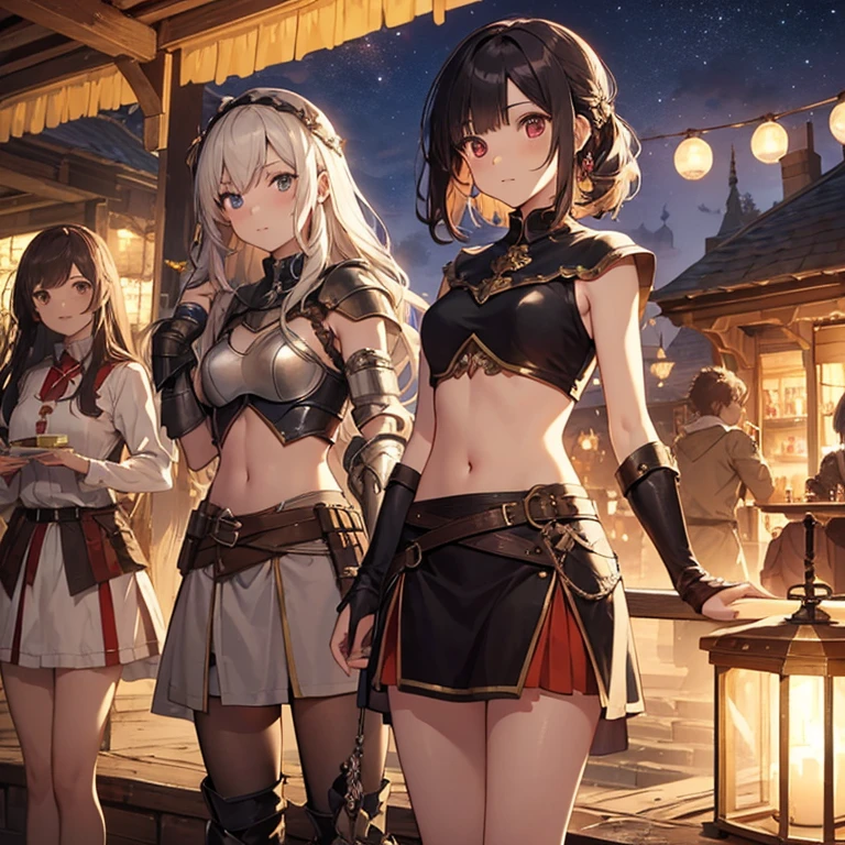 A group of female medieval fantasy adventurers, (in tavern), various hair styles, harem, night, details face, short skirt, seducing, sleeveless, armor, midriff