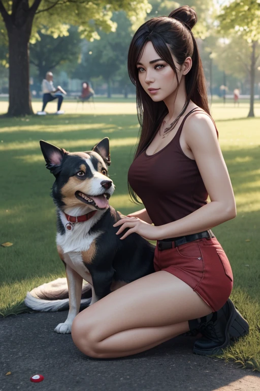 create a 3d ultra realistic person of a woman in the park playing with her dog and a red patch on her bare arm