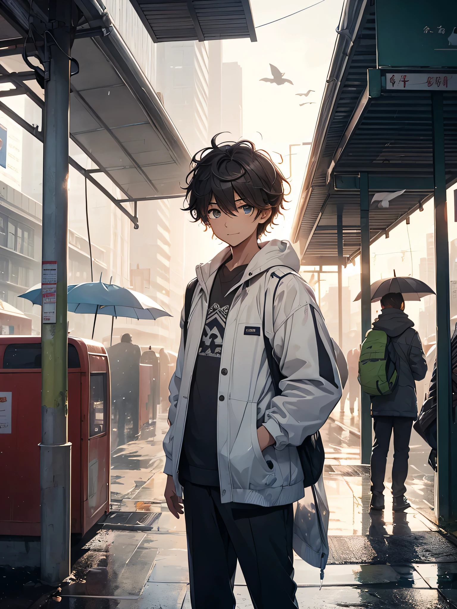 a boy standing under a bus stand , waiting , small rain drops , using umbrella , feeling ignorant , bored , watching the birds landed on ground , small kind smile , wearing a white jacket , messy hair style , perfect face , detailed eyes , looking down ,