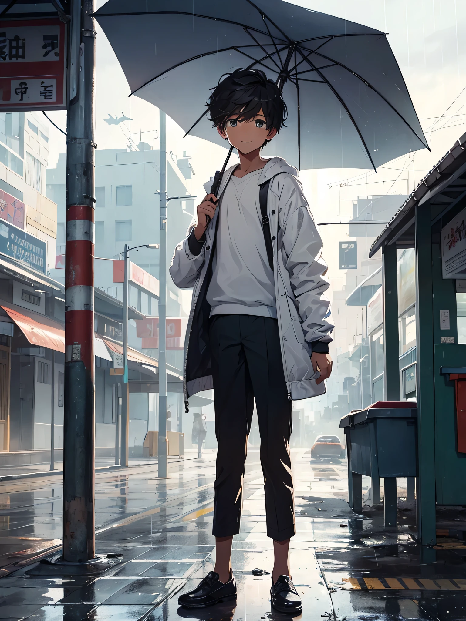 a boy standing under a bus stand , waiting , small rain drops , using umbrella , feeling ignorant , bored , watching the birds landed on ground , small kind smile , wearing a white jacket , messy hair style , perfect face , detailed eyes , looking down ,