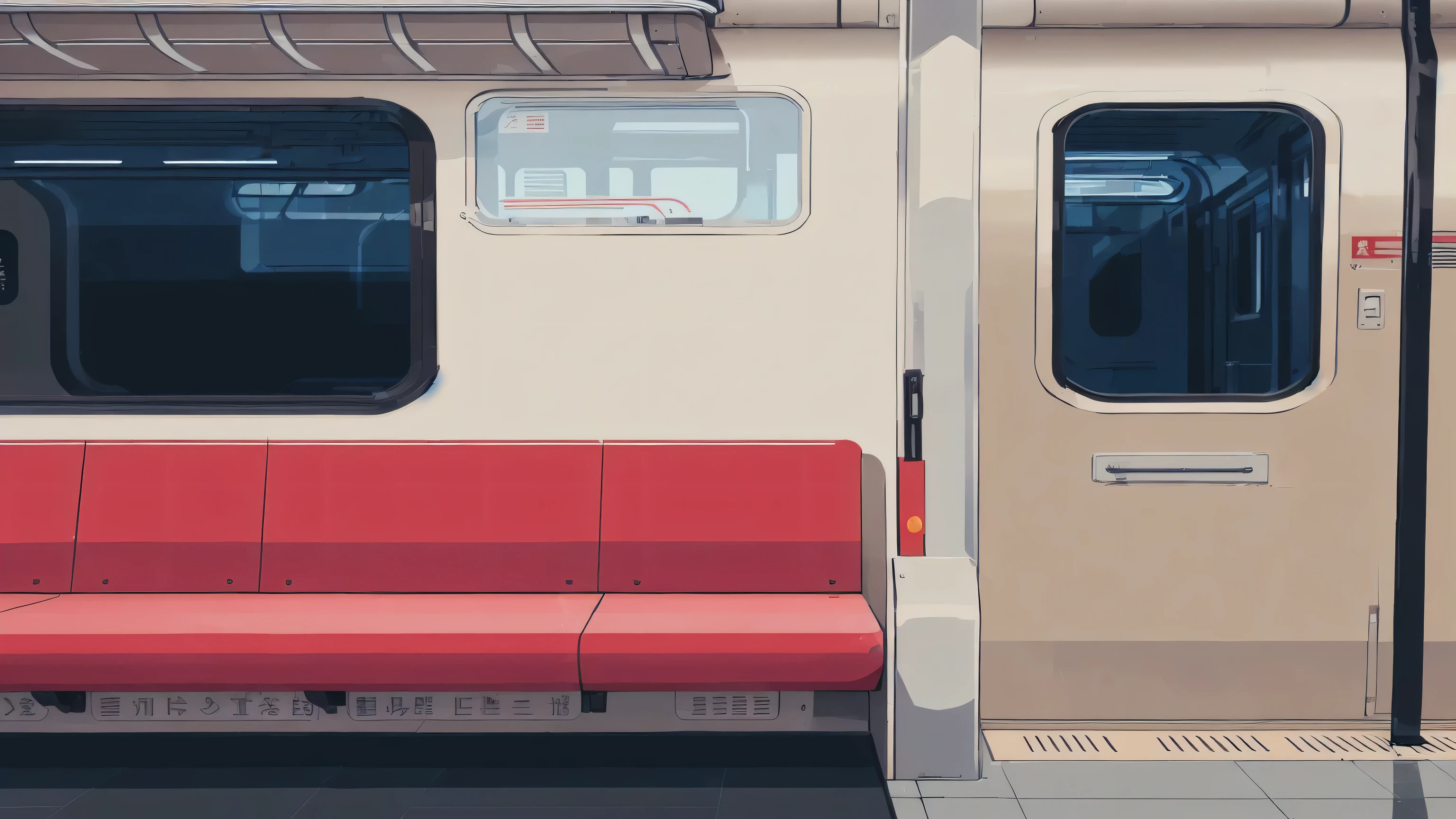 There is a red bench next to the train door, low detail. digital painting, tokyo anime scene, Lo-fi illustration style, Reporter Lee Jun-seok, Style by Alena Aenami, Kanaoka Kose, tokyo futuristic and clean, Detailed 2D illustration, In the style of Atei Gailan., Ilya Kubshinov. 4 thousand