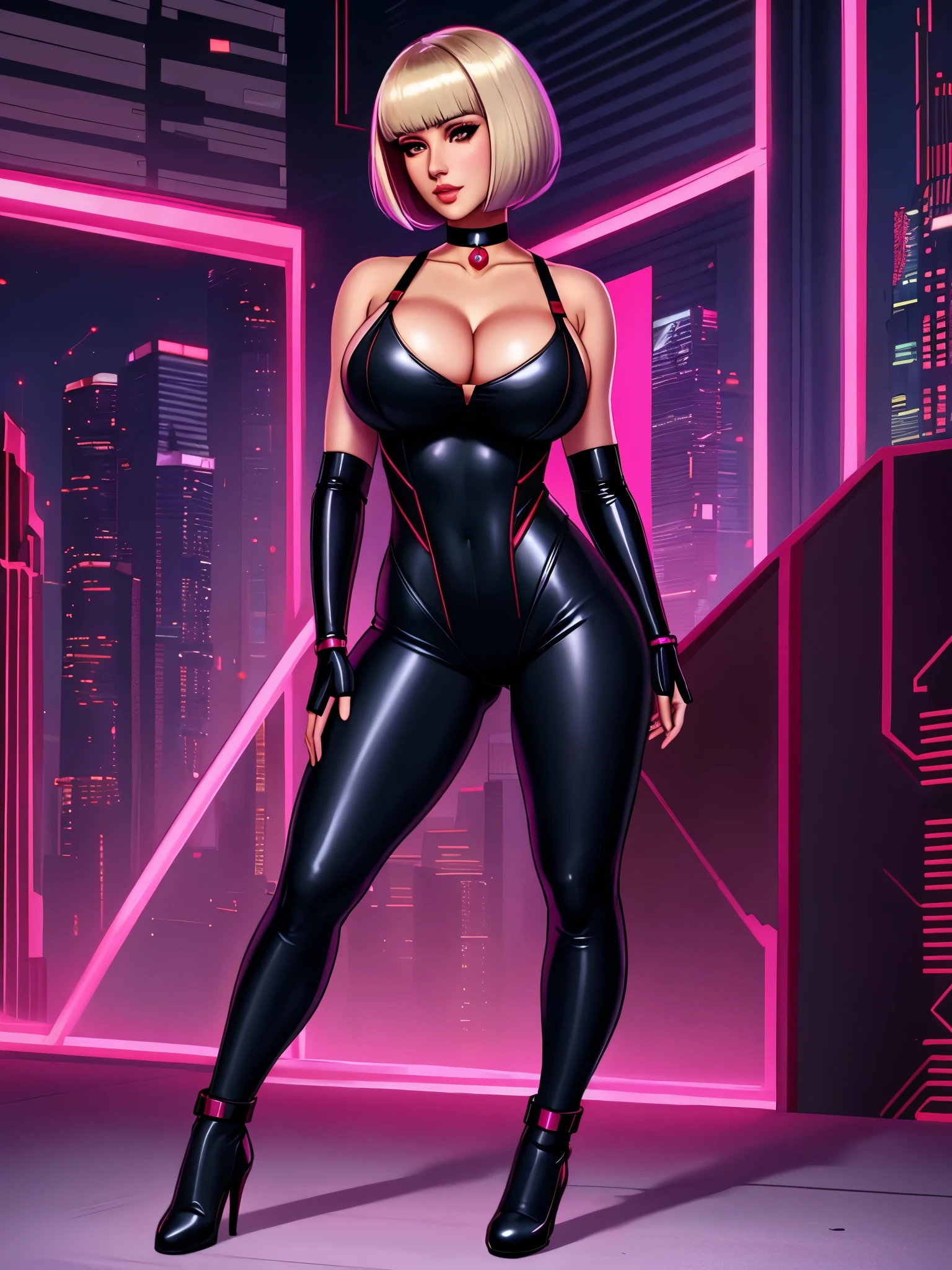 leotard, full body shot, cleavage, gorgeous woman, tight clothes, bobcut hair,  assassin, bionic woman, cyberpunk, choker, ruby gems