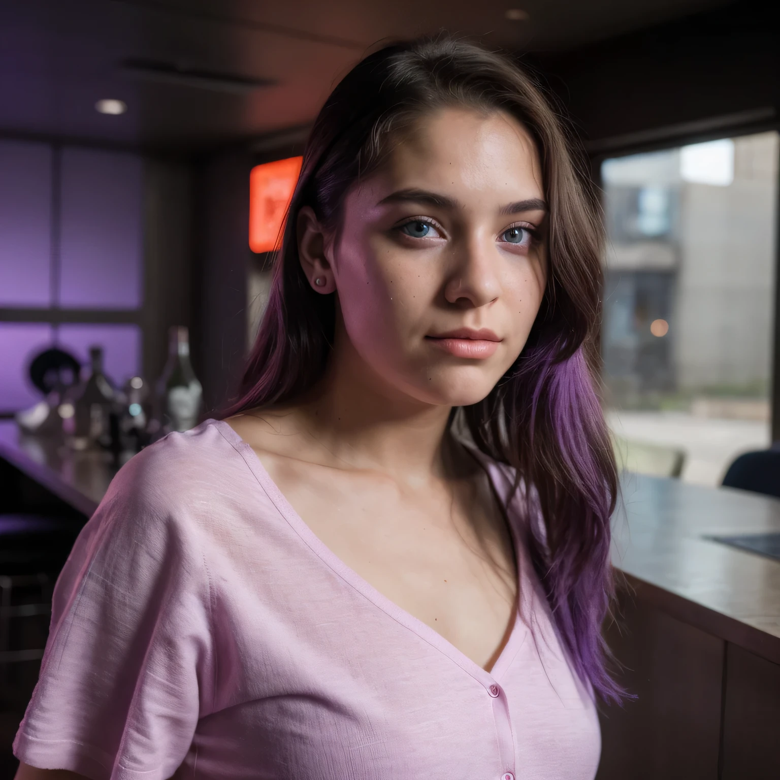 photo of a college student，, in Purple Pink, futuristic cotton and linen, (freckles:0.8) cute face, sci-fi, dystopian, detailed eyes, cobalt blue eyes（（Side view））Disco bar