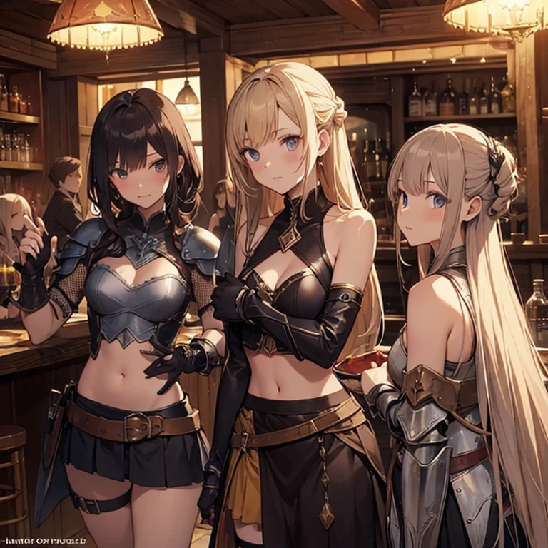A group of  female medieval fantasy adventurers, (in tavern), various hair styles, harem, night, details face, short skirt, seducing, sleeveless, armor, midriff 