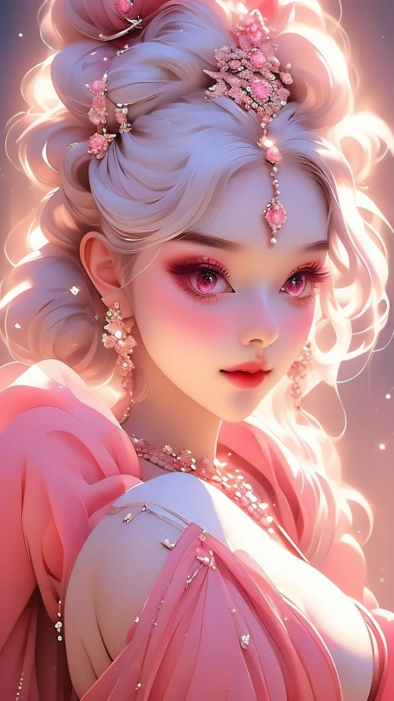 Double ponytails, White hair, Red Eyes, Perfect lips , Confident smile,Sexy expressions, Cute face, Stunning details,Pink clothes, Random pose, Extremely detailed face, Long eyelashes, Sharp eyes , Large Breasts,Cleavage,Diamond pendant, Perfect curvy figure