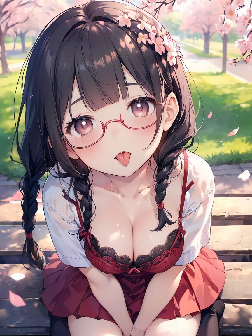 Very detailed, highest quality, High resolution, Moe Anime, ((A cute elementary school girl with black hair and droopy eyes)), ((Wearing large round glasses:1.4)), (Baby Face), Cute eyes, Detailed eye depiction, Sparkle in the eyes, View your viewers, Pale skin, (Big eyes:1.4, Droopy eyes:1.4, Fatty face:1.4), smile, Focus on the face, In the park with cherry blossoms falling, Sitting, (Extreme close up of tongue), (((From above))), Open your mouth, (((Face only:1.3))), ((Red lace lingerie)), Bright Eyes, (Put your hands between your legs:1.4), large and long tongue, Cleavage, Braided hairstyle, Pink ribbon