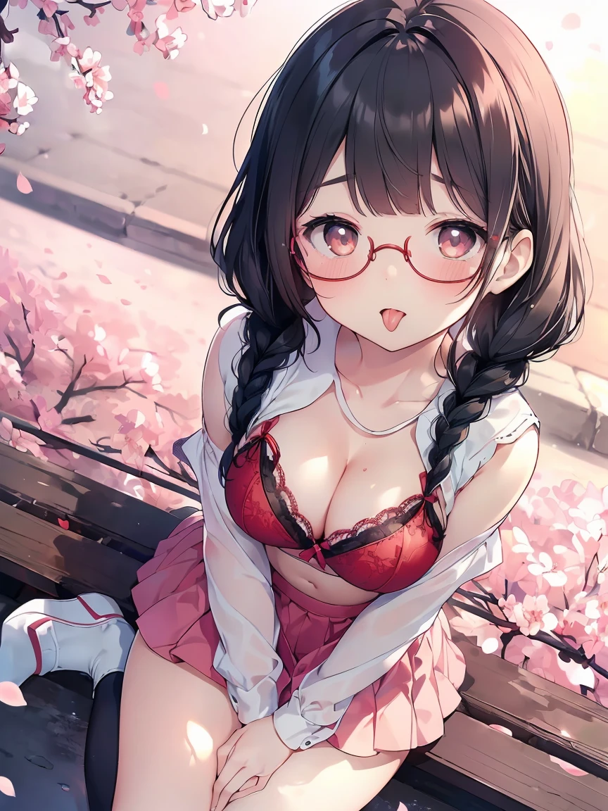 Very detailed, highest quality, High resolution, Moe Anime, ((A cute elementary school girl with black hair and droopy eyes)), ((Wearing large round glasses:1.4)), (Baby Face), Cute eyes, Detailed eye depiction, Sparkle in the eyes, View your viewers, Pale skin, (Big eyes:1.4, Droopy eyes:1.4, Fatty face:1.4), smile, Focus on the face, In the park with cherry blossoms falling, Sitting, (Extreme close up of tongue), (((From above))), Open your mouth, (((Face only:1.3))), ((Red lace lingerie)), Bright Eyes, (Put your hands between your legs:1.4), large and long tongue, Cleavage, Braided hairstyle, Pink ribbon