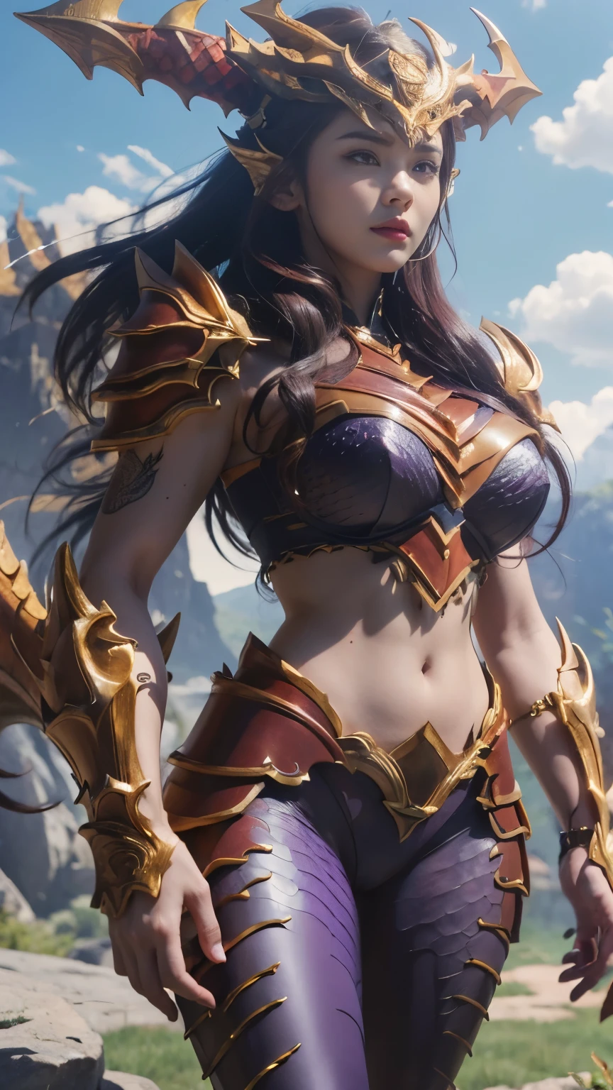 Full body portrait, (masterpiece:1.2), (best quality), (ultra detailed), (8k, 4k, intricate),(full-body-shot:1), (highly detailed:1.2),(detailed face:1.2),(detailed background),detailed landscape, (dynamic angle:1.2), (dynamic pose:1.2), The Half Dragon Shyvana, ultimately intricate details, Purple scale skin, busty, Long hair, red armor, yellow eyes, (dragon scales:1.1) , tattoo, floating hair,