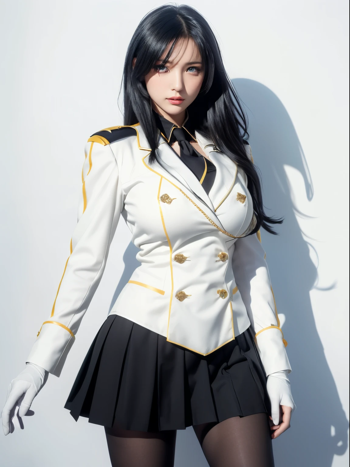 (Photorealistic, best quality, masterpiece, high contrast), 1girl,
ikaruga, black hair, blue eyes, large breasts,uniform, armband, skirt, pantyhose, white glove