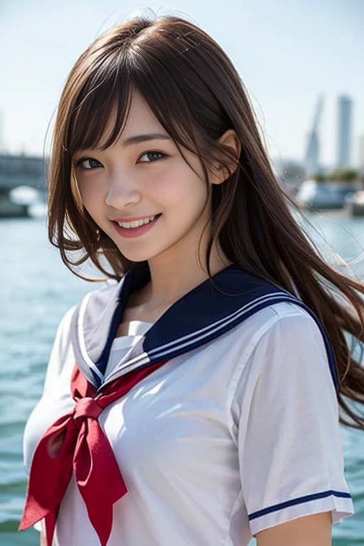 (8k、Raw photo、highest quality、masterpiece:1.2)、(Realistic、Photorealistic:1.37)、Ultra-detailed、超A high resolution、1 girl、Seeing the viewer、Beautifully detailed face、Laughter、narrow、(Narrow waist) :1.3)、Beautifully detailed skin、Skin Texture、Floating Hair、Professional Lighting、Human whole body、Long Hair、Blonde、Japanese Height 、Sailor suit、admission、、Bob Hair、E Cup、Smile、16 years old、Red ribbon、Baby Face、Childish smile、Sappin&#39;、Moisturizing lips、Pale pink lips、Nostalgic Countryside