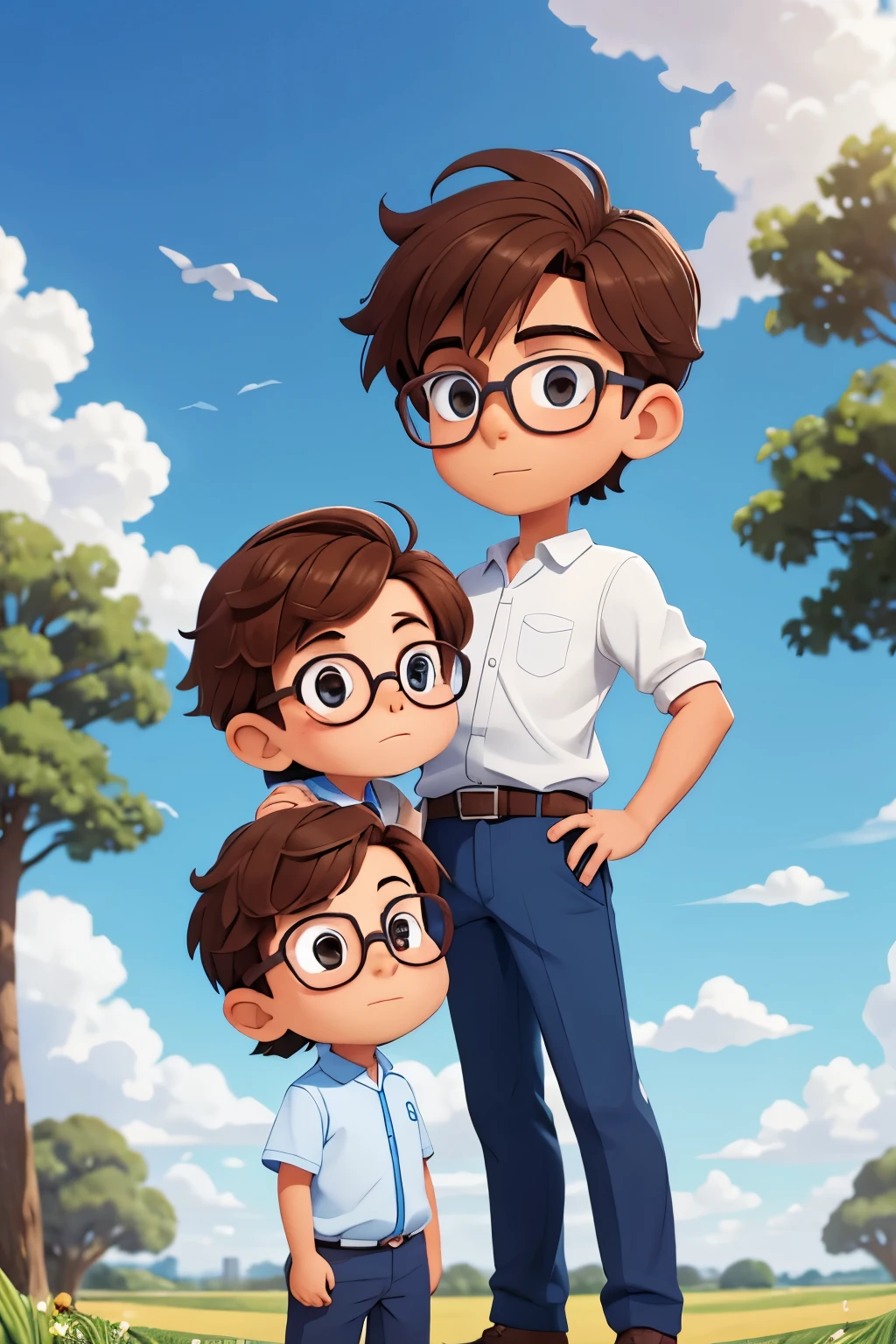 superado con amor: En el parque,con cielo azul y nubes blancas,sobre la hierba,2 personas,A 6--old with brown hair with glasses takes his mother's hand and they walk together,Happiness knows no limits,happy expression