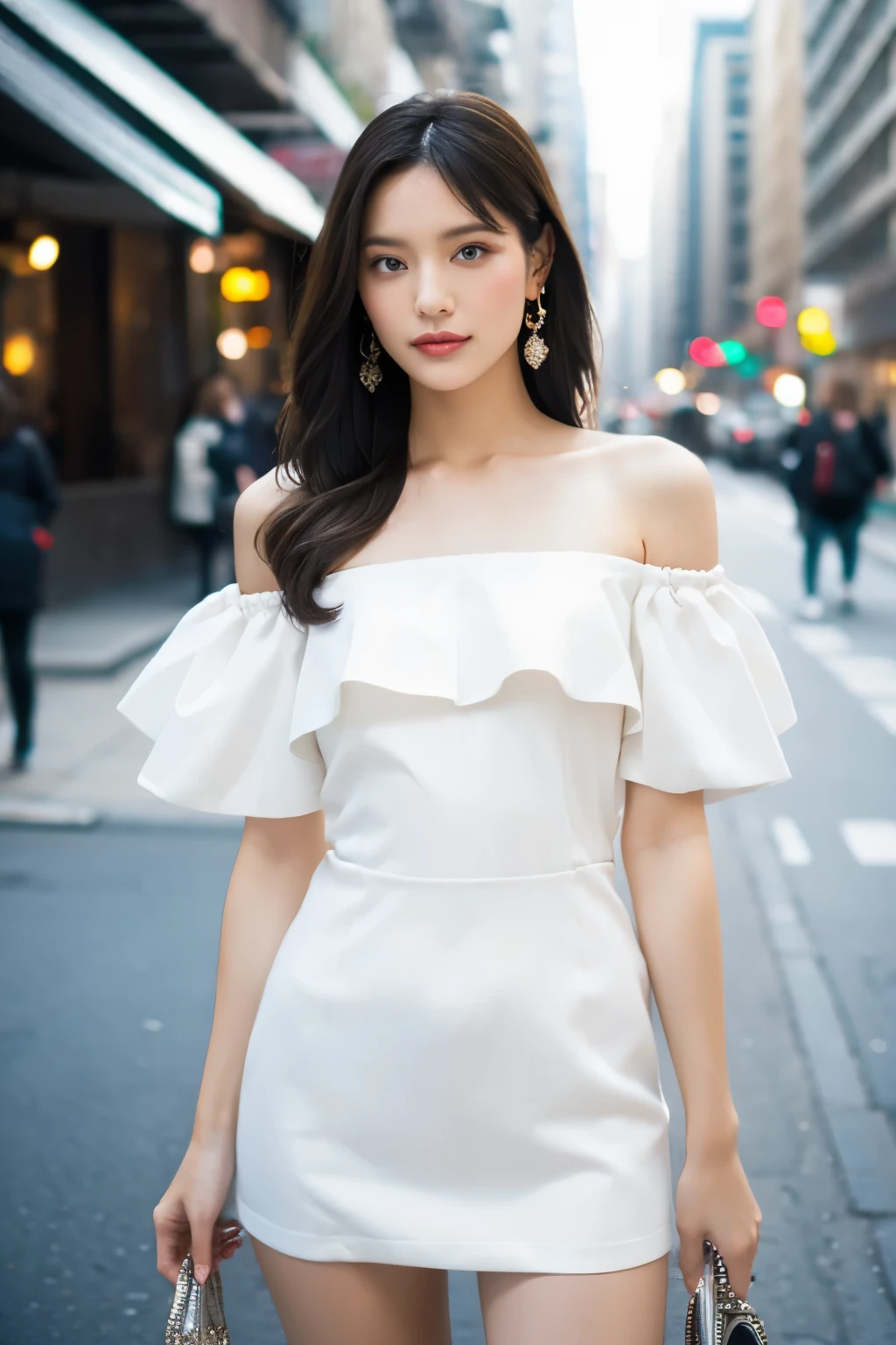 Off-white off-shoulder long knit mini dress, 30-year-old mature woman, street corner, blurred background, pinup