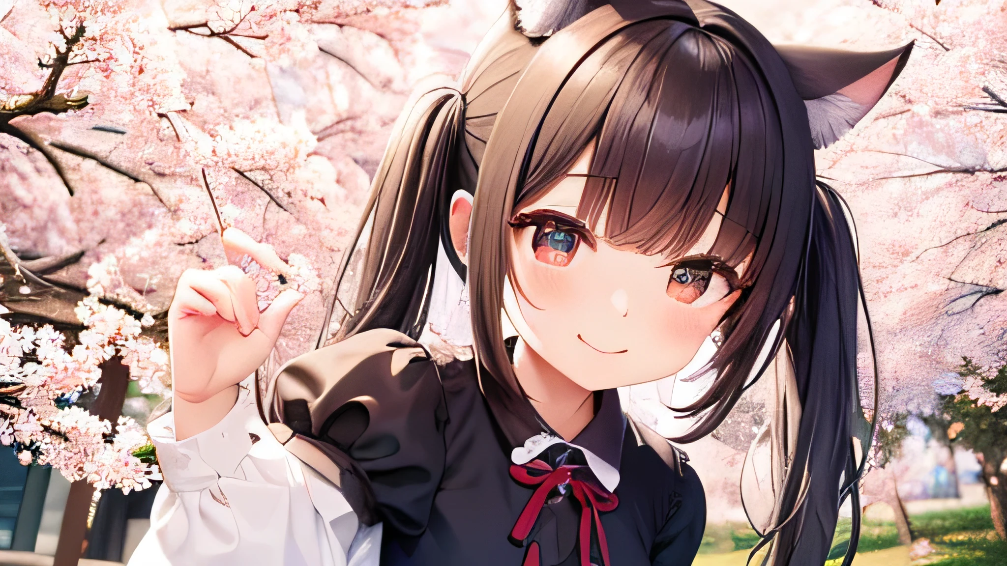 Overlooking､whole､Twin tails､Lalafell､girl､highest quality､Cat ear､A big smile､Cherry tree in full bloom､Clear blue sky､