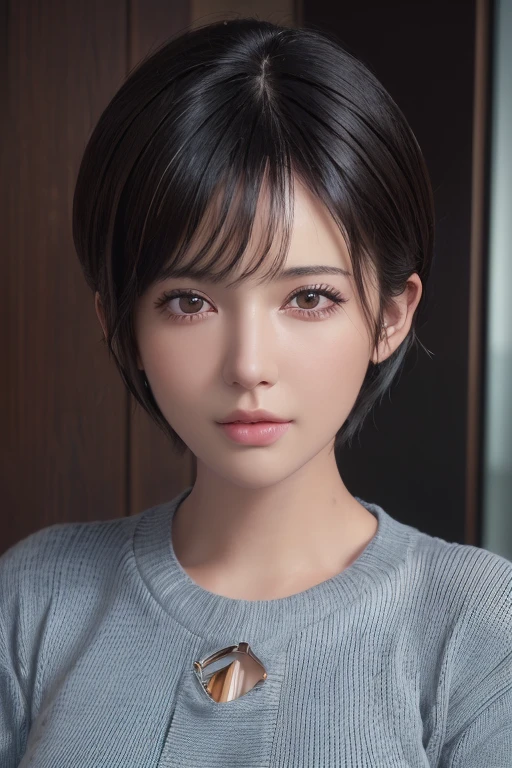 (masterpiece:1.3), (8k, Realistic, RAW Photos, highest quality: 1.4), (One girl), Beautiful Face, (Realistic Face), (Black Hair, short hair:1.3), Beautiful hairstyle, Realistic eyes, Beautiful fine details, (Realistic Skin), Beautiful Skin, (sweater), Absurd, Charm, Ultra-high resolution, Ultra-realistic, Very detailed, Golden Ratio