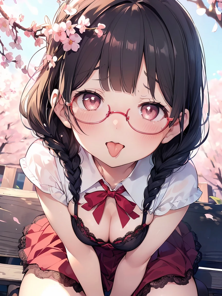 Very detailed, highest quality, High resolution, Moe Anime, ((A cute  with black hair and droopy eyes)), ((Wearing large round glasses:1.4)), (Baby Face), Cute eyes, eye depiction, Sparkle in the eyes, View your viewers, Pale skin, (Big eyes:1.4, Droopy eyes:1.4, Fatty face:1.4), smile, Focus on the face, In the park with cherry blossoms falling, Sitting, (Extreme close up of tongue), (((From above))), Open your mouth, (((Face only:1.3))), ((Red lace lingerie)), Bright Eyes, (Put your hands between your legs:1.4), large and long tongue, Cleavage, Braided hairstyle, Pink ribbon