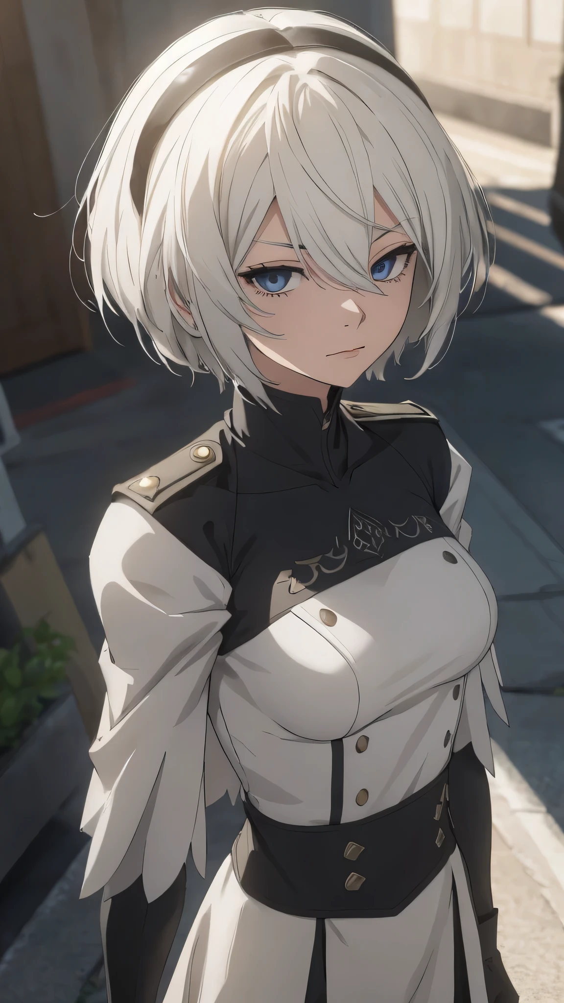 extremely detailed CG unity 8k wallpaper), (masterpiece), (best quality), (ultra-detailed), (best illustration), (best shadow), (absurdres) ,(detailed eyes), 2b, 1girl, short hair, white hair, solo, Intimidating women, admiral uniform, night, hero pose, white clothes, General Uniform, Military Uniform, Sunlight, exposed to sunlight,commander, fighting pose, wearing cape, walking