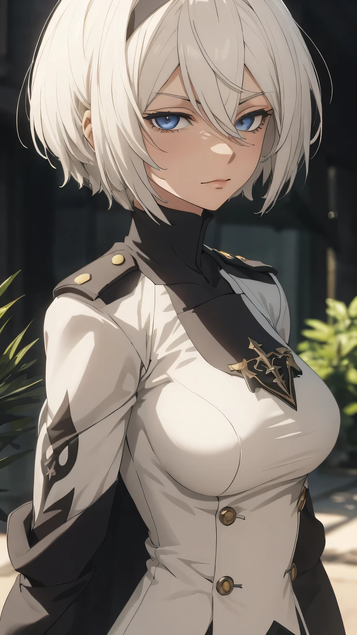 extremely detailed CG unity 8k wallpaper), (masterpiece), (best quality), (ultra-detailed), (best illustration), (best shadow), (absurdres) ,(detailed eyes), 2b, 1girl, short hair, white hair, solo, Intimidating women, admiral uniform, night, hero pose, white clothes, General Uniform, Military Uniform, Sunlight, exposed to sunlight,commander, fighting pose, wearing cape, walking