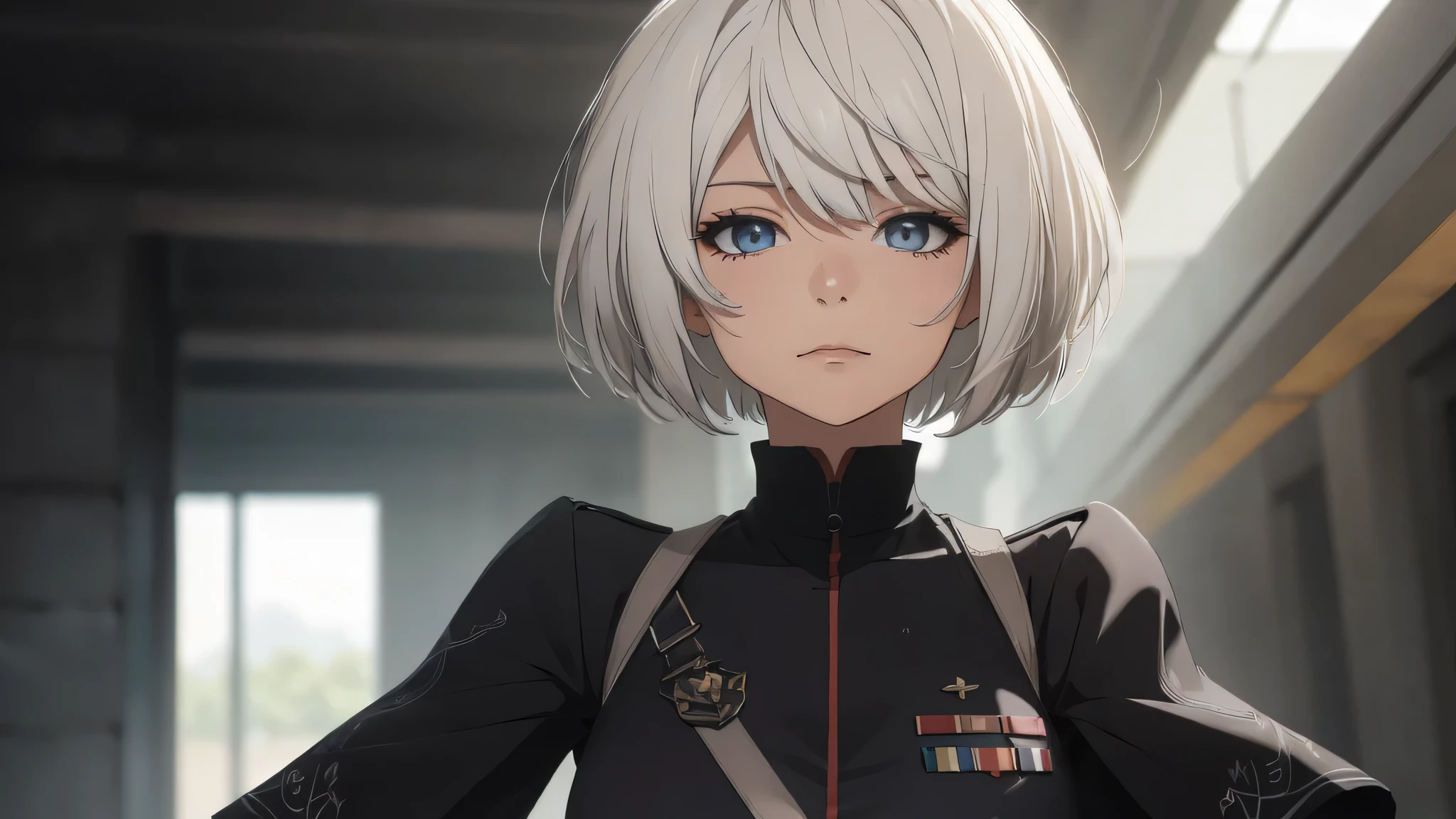 extremely detailed CG unity 8k wallpaper), (masterpiece), (best quality), (ultra-detailed), (best illustration), (best shadow), (absurdres) ,(detailed eyes), 2b, 1girl, short hair, white hair, solo, Intimidating women, admiral uniform, night, hero pose, white clothes, General Uniform, Military Uniform, Sunlight, exposed to sunlight,commander, fighting pose, wearing cape, walking