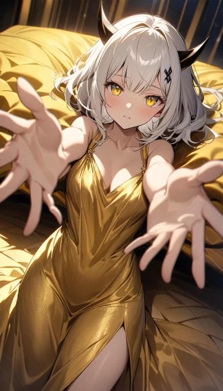 Gold silk gown, long white hair, yellow eyes, black rhombus horn-like hairpins, surroundings dominated by oversized golden silk textured soft duvet, moonlight, on back, arm support, arms up, incoming hug, pov, reaching, reaching towards viewer, looking at viewer, cowboy shot, dutch angle,
