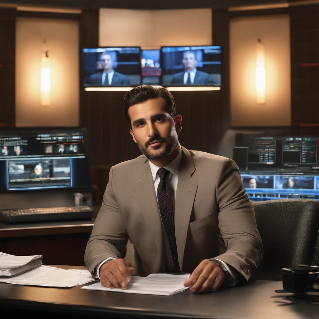 (high quality,4k,8k,highres, masterpiece:1.2),ultra-detailed, (realistic,photorealistic,photo-realistic:1.37),TV news studio, TV news anchor, Iraqi man, on newsdesk, 1997, professional lighting, slicked back hair, tidy suit, in front of a camera, newsroom atmosphere, old-fashioned microphones, newspapers in the background, glowing on-air sign, dramatic lighting, confident expression, serious face, global news headlines, professional makeup, television monitors, intense gaze, breaking news graphics, vibrant colors, dynamic camera angles, journalistic personality, authoritative posture, engaging speech, live broadcasting, microphone feed, calm demeanor