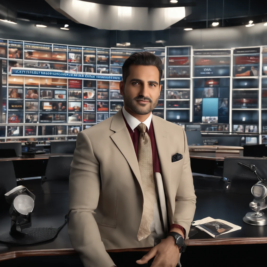 (high quality,4k,8k,highres, masterpiece:1.2),ultra-detailed, (realistic,photorealistic,photo-realistic:1.37),TV news studio, TV news anchor, Iraqi man, on newsdesk, 1997, professional lighting, slicked back hair, tidy suit, in front of a camera, newsroom atmosphere, old-fashioned microphones, newspapers in the background, glowing on-air sign, dramatic lighting, confident expression, serious face, global news headlines, professional makeup, television monitors, intense gaze, breaking news graphics, vibrant colors, dynamic camera angles, journalistic personality, authoritative posture, engaging speech, live broadcasting, microphone feed, calm demeanor