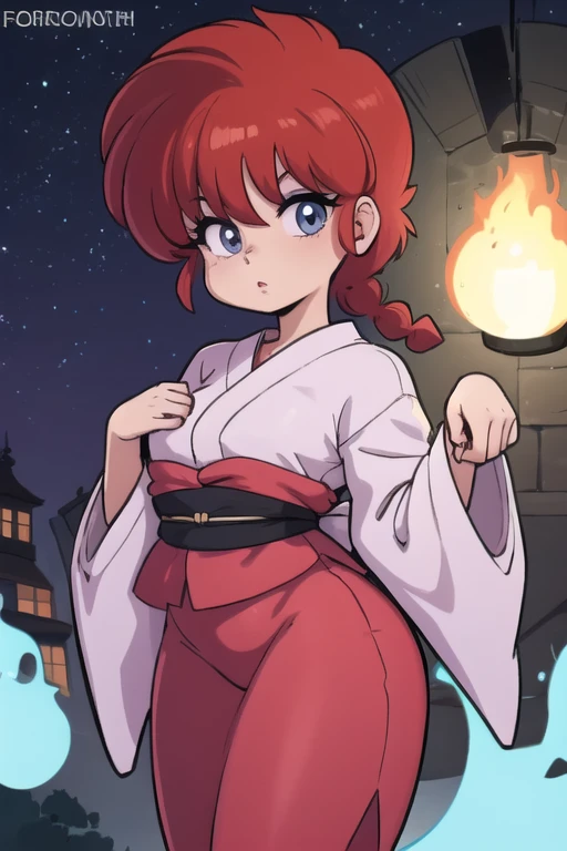 RanmaChan, cabello rojo, Cabello con trenza, ojos azules, ojos detallados, cuerpo completo, lindo, sexyrobutts, Japanese Ghost Costume, fantama flotando, noche