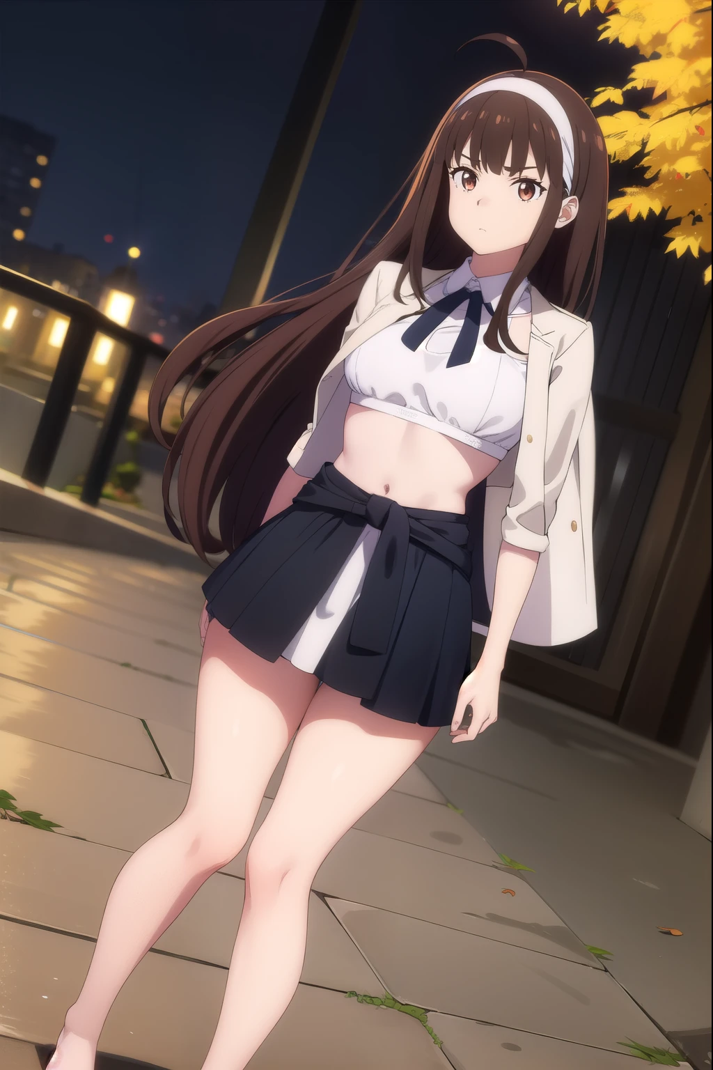 masterpiece, Best quality, absurdity,behind, Juliet повязка, headband, Juliet, the skin is thick, cropped jacket, orange eyes, A long tail, Brown hair, multicolored hair, highlighted hair, big breasts, hips, gluteal fold, legs without shoes in black tights to the waist, waist, bra, white underwear, Full body view from head to toe outdoors, ahoge, autumn, USA, (night:1.2)