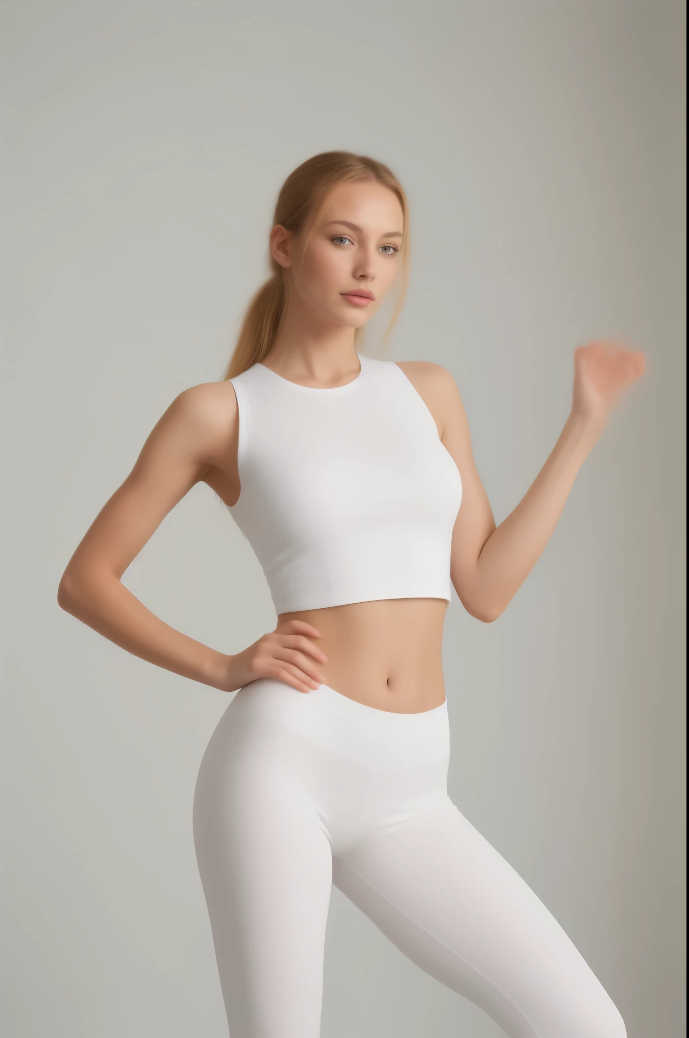 Summer white Yoga wear Fitness Women, Fashion photography, product images, ultra realistic, beautiful vest line, Full Body Shot, Real Shot, one model, Modern minimalism, model, HDR photography, Motion speed and texture, Low shutter, Soft Am