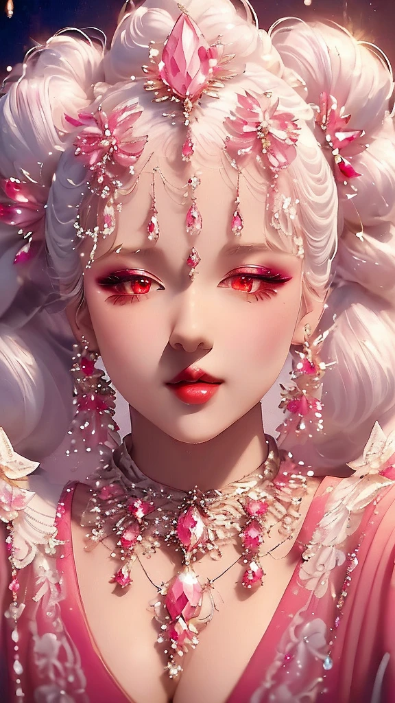Double ponytails, White hair, Red Eyes, Perfect lips , Confident smile,Sexy expressions, Cute face, Stunning details,Pink clothes, Random pose, Extremely detailed face, Long eyelashes, Sharp eyes , Large Breasts,Cleavage,Diamond pendant, Perfect curvy figure