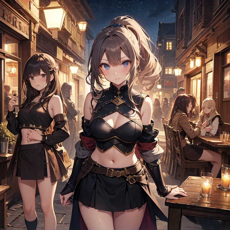 A group of  female medieval fantasy adventurers, (in tavern), various hair styles, harem, night, details face, short skirt, seducing, sleeveless, armor, midriff 