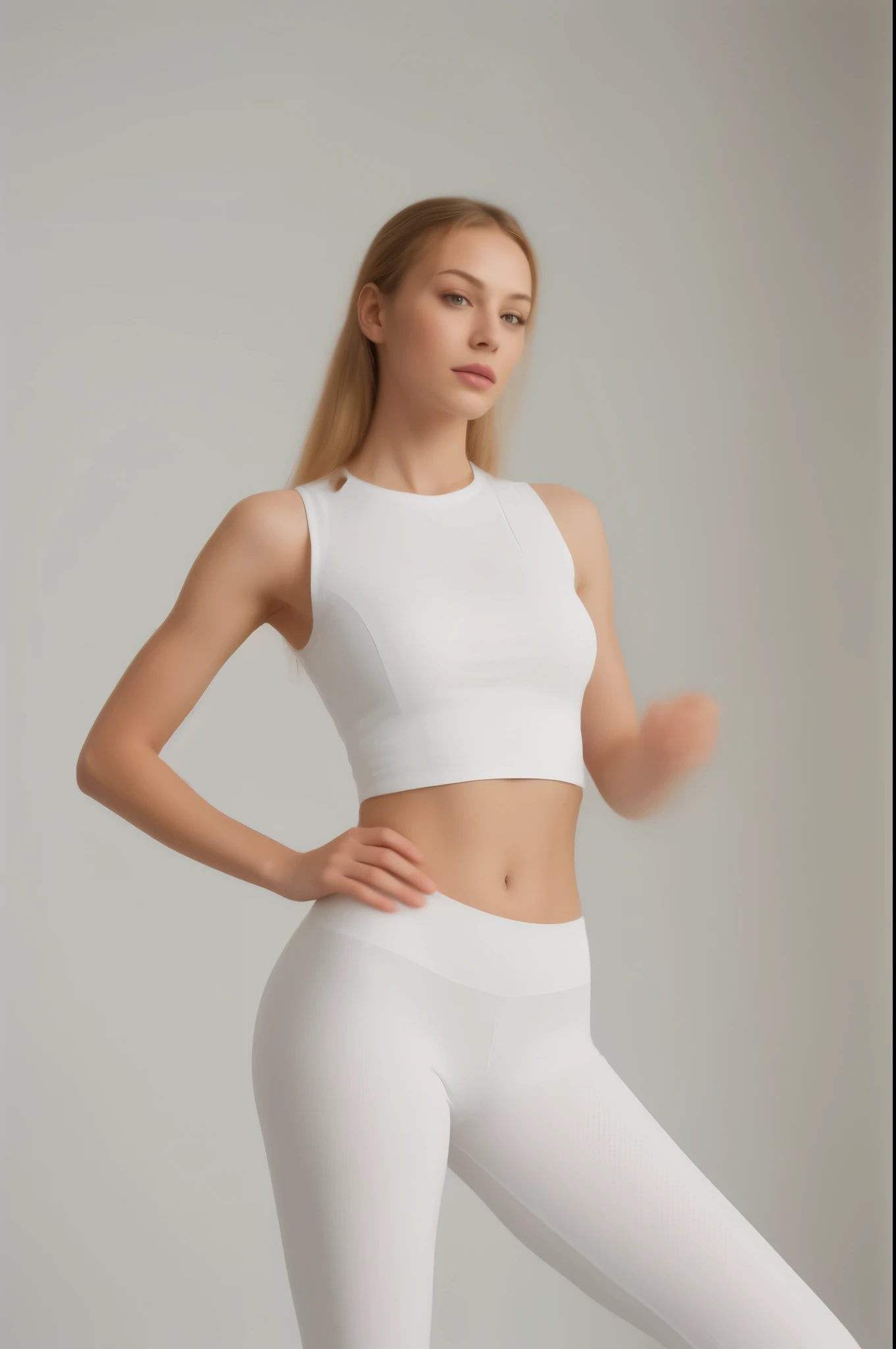 Summer white Yoga wear Fitness Women, Fashion photography, product images, ultra realistic, beautiful vest line, Full Body Shot, Real Shot, one model, Modern minimalism, model, HDR photography, Motion speed and texture, Low shutter, Soft Am