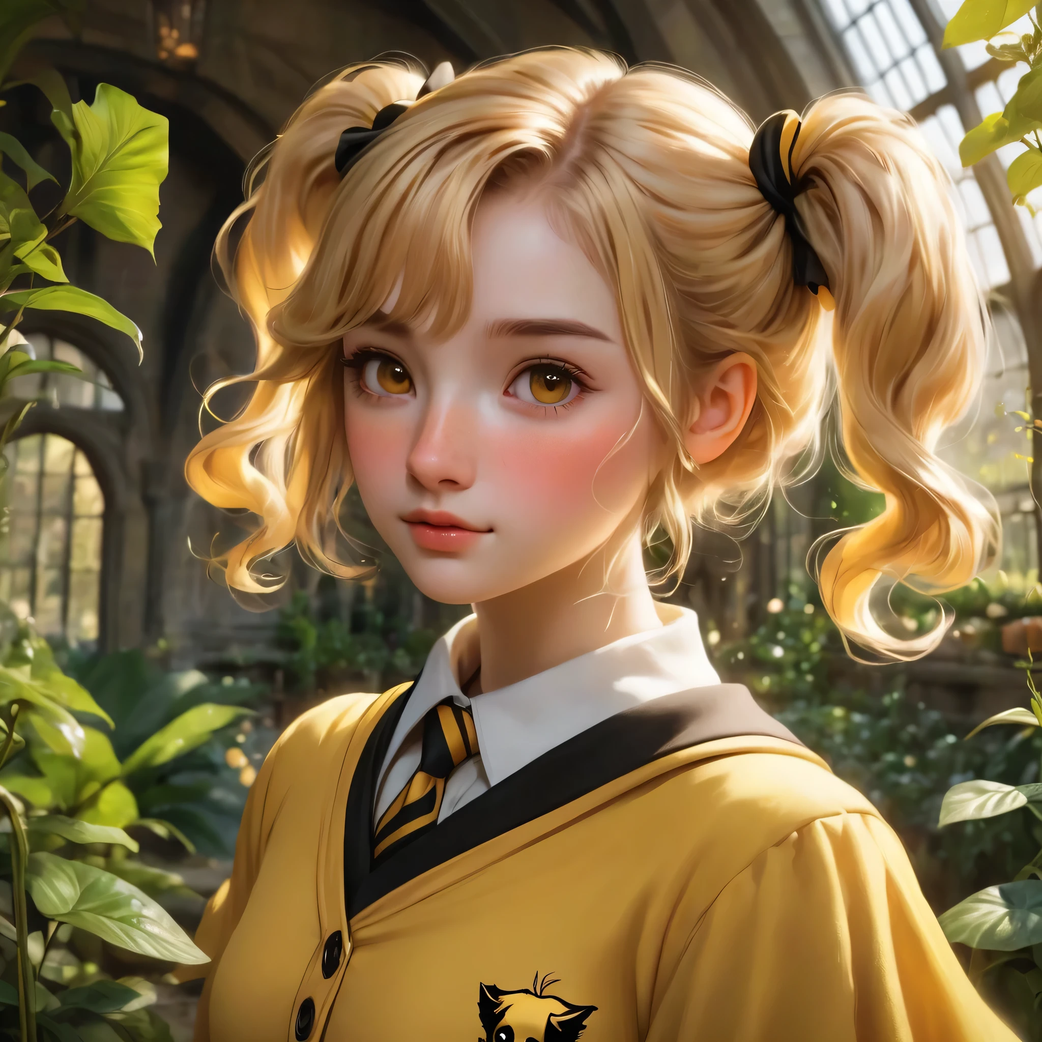 best quality, Masterpiece, Hogwarts students, Hufflepuff, Short hair with high twin tails., I have short, golden-blonde twin tails., serious, Very naughty, cute and bright, Freckles on the face, along with her adorable puppy, detailed brown eyes, detailed face, Fine skin, The background is in Hogwarts Greenhouses., soft light, mysterious, soft shadow, detailed texture, dynamic light,