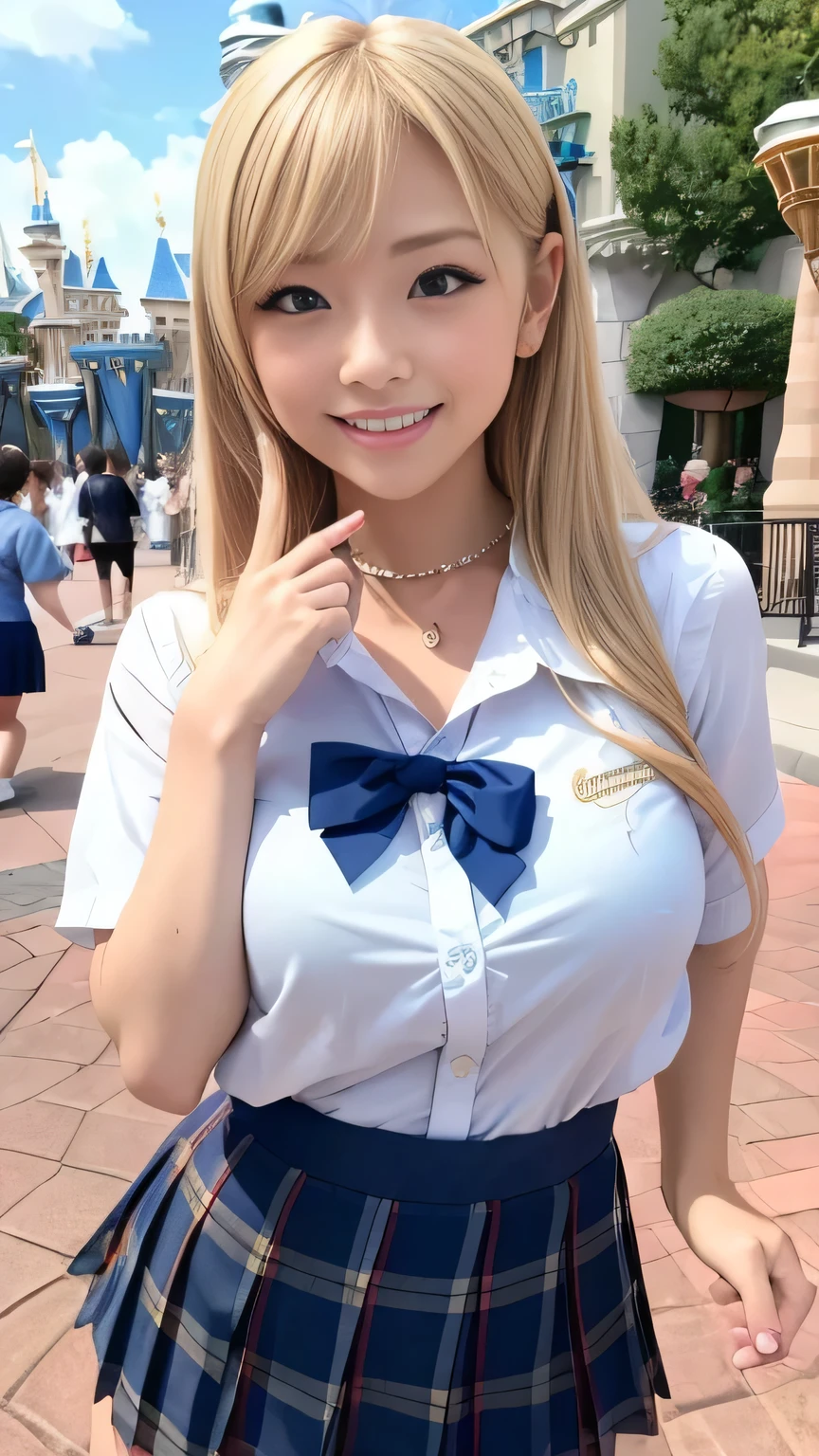 Browsing Caution、8k,highest quality, masterpiece, Very detailed, Ultra-high resolution, Realistic, RAW Photos, , Absolute Resolution, Complete limbs、Complete Anatomy、Perfect beautiful skin、pretty girl1人,pretty girl 、、(smile:1.2)、ta Girl、(School Uniform:1.3)、(Short sleeve white collar shirt:1.1)、 、、Micro Mini Skirt、、Accentuate your thighs、、、(blonde:1.2)、、、pretty girl、 , Realistic young gravure idol, Japanese Girls、、alone、、(Disneyland:1.2)、