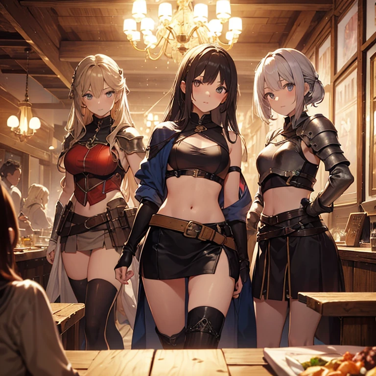 A group of female medieval fantasy adventurers, (in tavern), various hair styles, harem, night, details face, short skirt, seducing, sleeveless, armor, midriff
