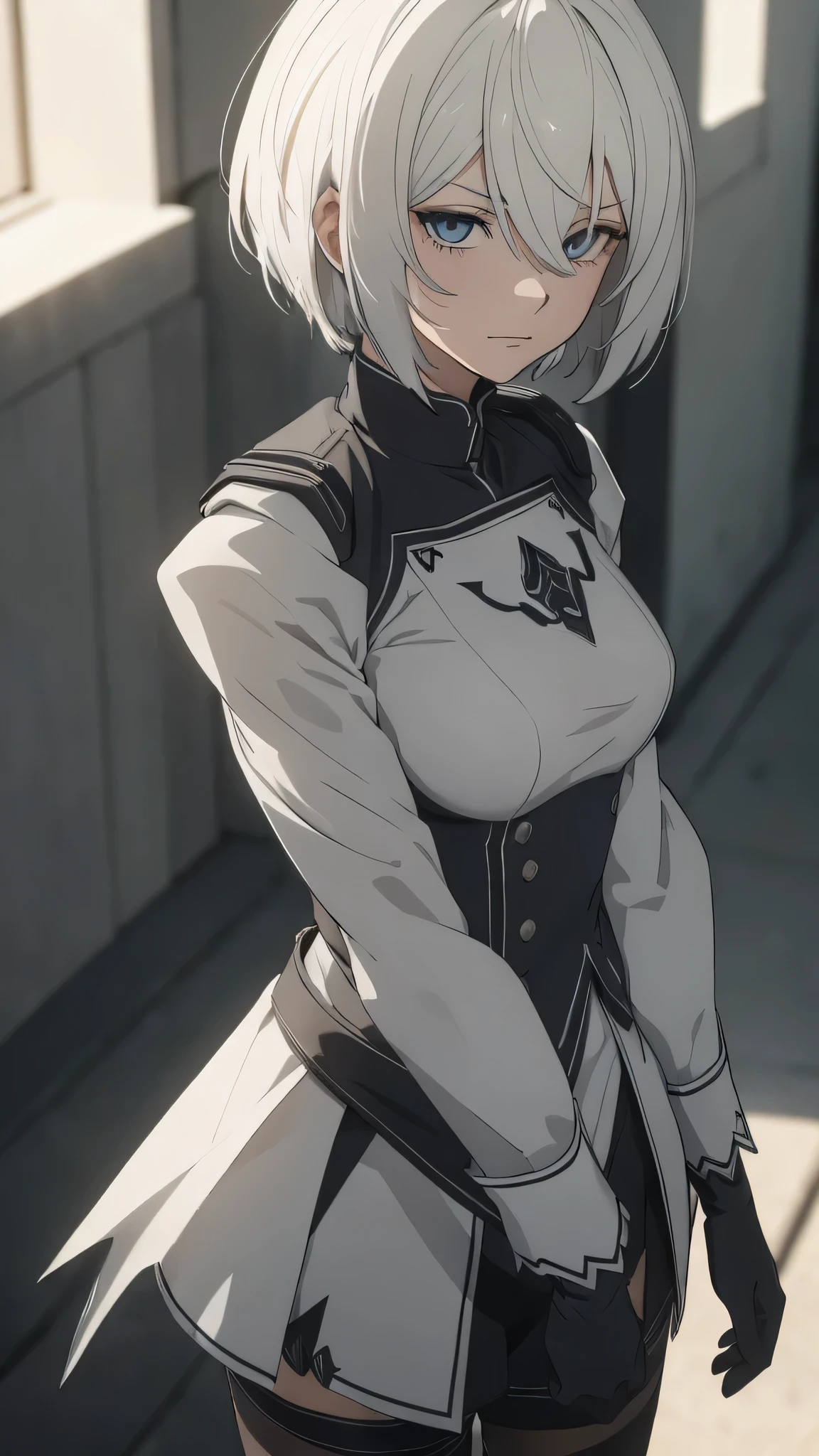 extremely detailed CG unity 8k wallpaper), (masterpiece), (best quality), (ultra-detailed), (best illustration), (best shadow), (absurdres) ,(detailed eyes), 2b, 1girl, short hair, white hair, solo, Intimidating women, admiral uniform, night, hero pose, white clothes, General Uniform, Military Uniform, Sunlight, exposed to sunlight,commander, fighting pose, wearing cape, walking
