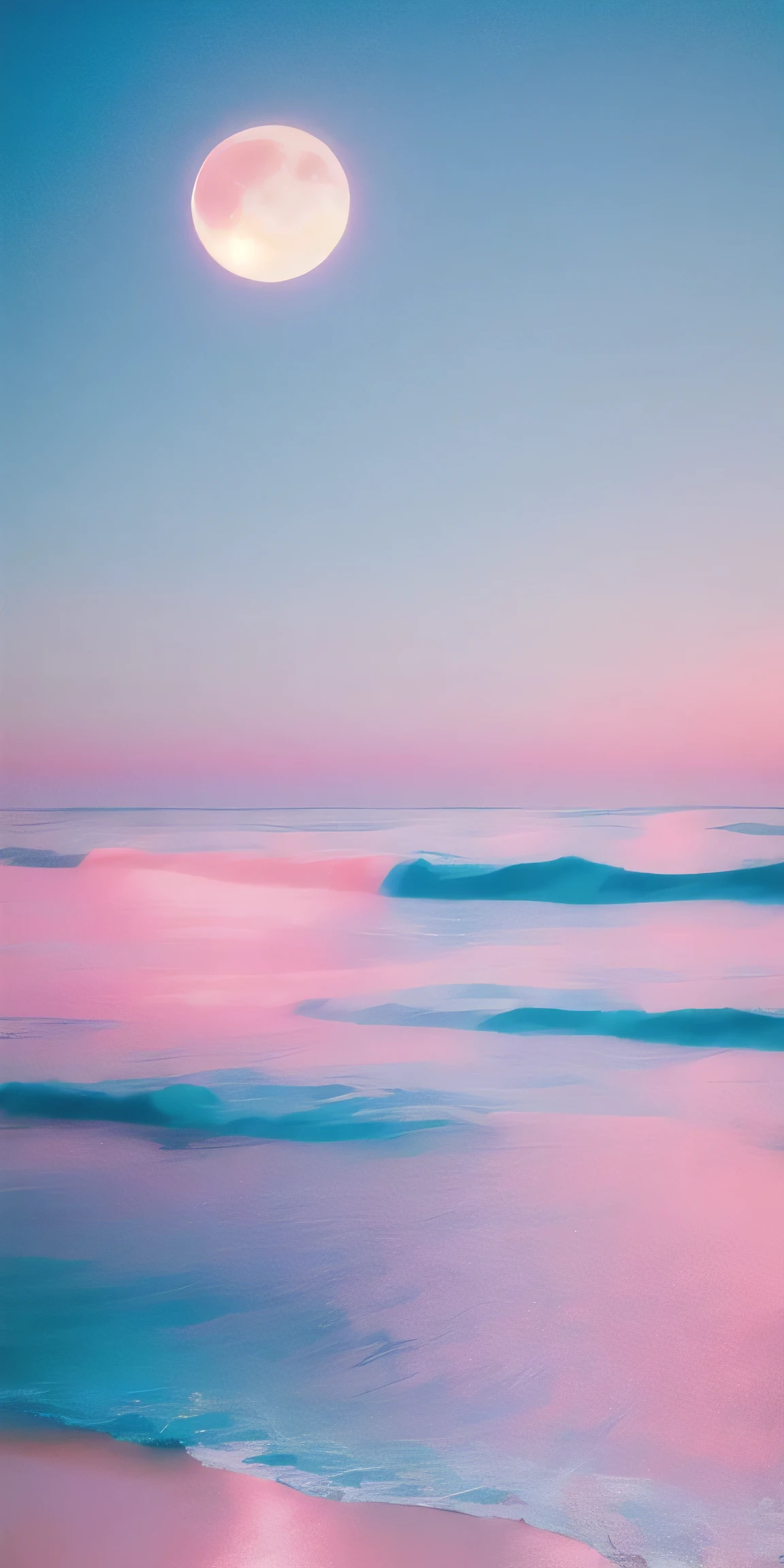 Pale pink moon, Pale pink sky, Soft pink clouds, pink ocean waves Shine, Shine, Pink roses in a pale blue sea, Fantasy, diamond, Crown, universe, Soft Light,