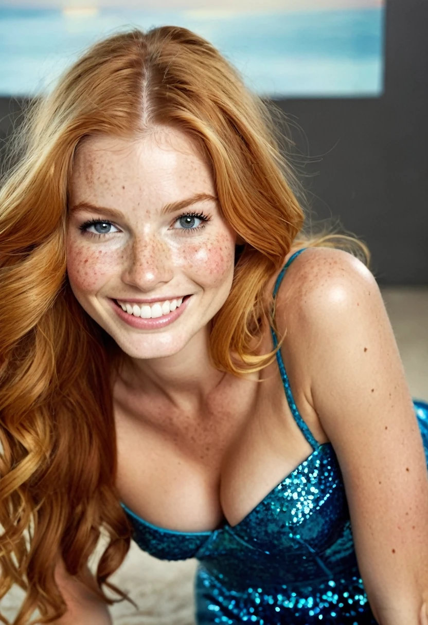 (18_year_old_Marisa_Miller_face:1.2) mixed with (18_year_old_margot_robbie_model_face:1.2), (full body photo of a girl crawling towards the viewer:1.4), crawling on her hands and knees, (massive_busty_cleavage:1.6), (massive_full_cleavage:1.5), (filling a tight glittery_blue_plunge_dress:1.5), (big_smile:1.5) with (open_mouth:1.4) and (perfect_teeth:1.5), (voluminous_long_beautiful_thick_shiny_vivid_(ginger_hair:1.2):1.4)_with_large_curls, (shiny_metallic_copper_eyeshadow:1.4) , ((glossy_skin:1.6)_with_(freckles:1.5):1.3), (cute_petite_nose:1.5), (seductive_symmetrical_blue_eyes:1.1), (long_full_eyelashes:1.2), hyperdetailed photography, soft light, cover_model, (thick_eyebrows:1.3), (gaunt_cheeks), (simple_black_background:1.6), (large_breasts)