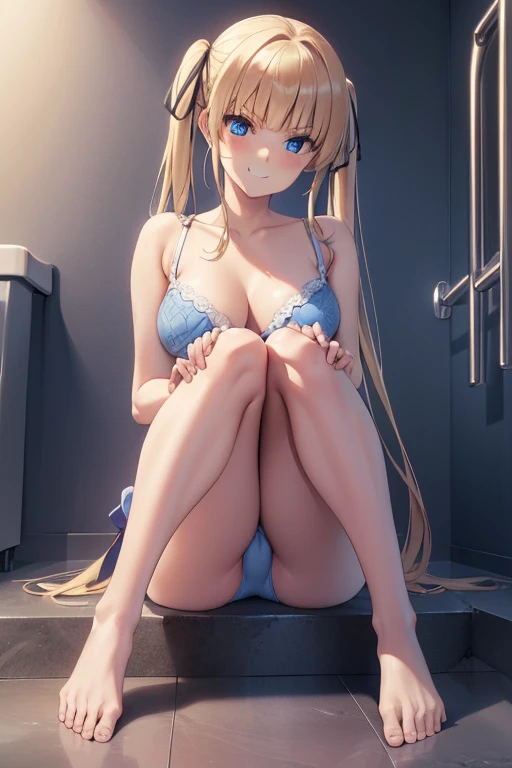 eririspencer, eriri sawamura spencer, blonde hair, blue eyes, blunt bangs, hair ribbon, hime cut, long hair, twintails, full body, full pose, ((medium BREASTS)), ((smug face)), smile, Grimace, ((sitting on floor)),((show feets)),((feets in first plan)), ((blue underwear)),((looking at viever)), ((bathroom background)), BREAK (masterpiece:1.2), best quality, high resolution, unity 8k wallpaper, (illustration:0.8), (beautiful detailed eyes:1.6), extremely detailed face, perfect lighting, extremely detailed CG, (perfect hands, perfect anatomy),