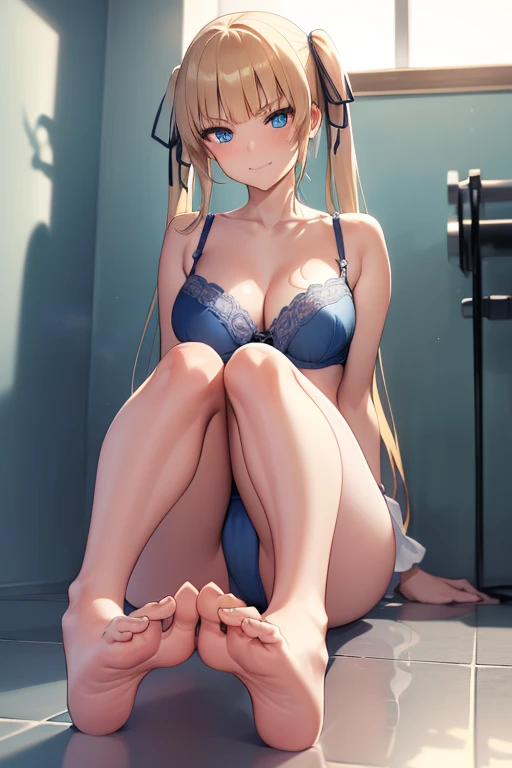 eririspencer, eriri sawamura spencer, blonde hair, blue eyes, blunt bangs, hair ribbon, hime cut, long hair, twintails, full body, full pose, ((medium BREASTS)), ((smug face)), smile, Grimace, ((sitting on floor)),((show feets)),((feets in first plan)), ((blue underwear)),((looking at viever)), ((bathroom background)), BREAK (masterpiece:1.2), best quality, high resolution, unity 8k wallpaper, (illustration:0.8), (beautiful detailed eyes:1.6), extremely detailed face, perfect lighting, extremely detailed CG, (perfect hands, perfect anatomy),