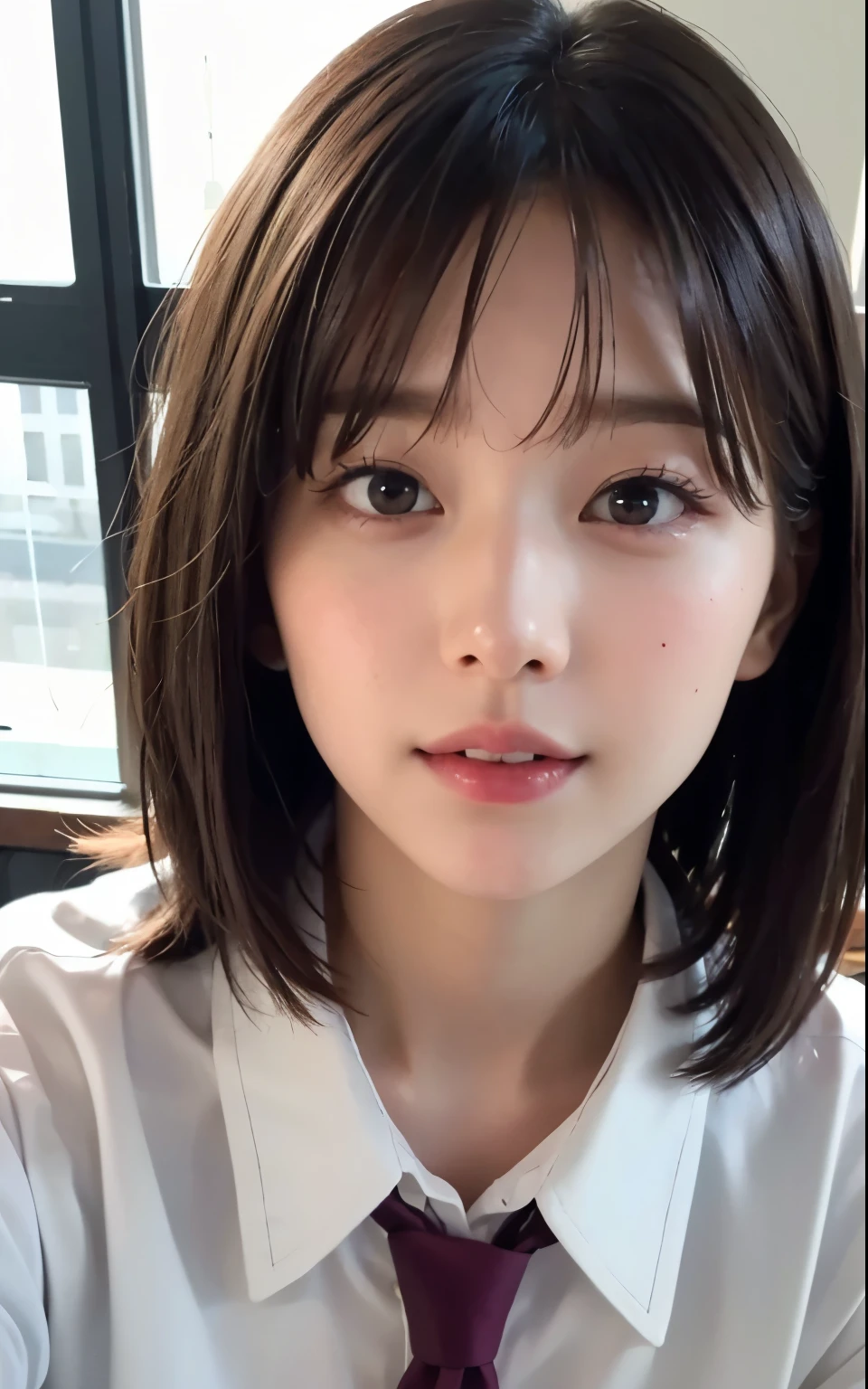 (highest quality:1.4)、(masterpiece:1.4)、Raw photo、8k、highest quality、high resolution、Beautiful face in every detail、Realistic human skin、Gentle expression、View from the front、color々From an angle、(Bob Hair)、(beautiful girl:1.4)、(the most beautiful girl in school:1.3)、Realistic、((One Woman))、Photorealistic、With bangs、((Beautiful Hair))、cute、(High school girls)、JK Uniform、(Schoolgirl Uniform)、White shirt、tie、Red cheeks、((She's in love))、sexual excitement、[[Long eyelashes]]、((After Kiss))、The excitement of kissing