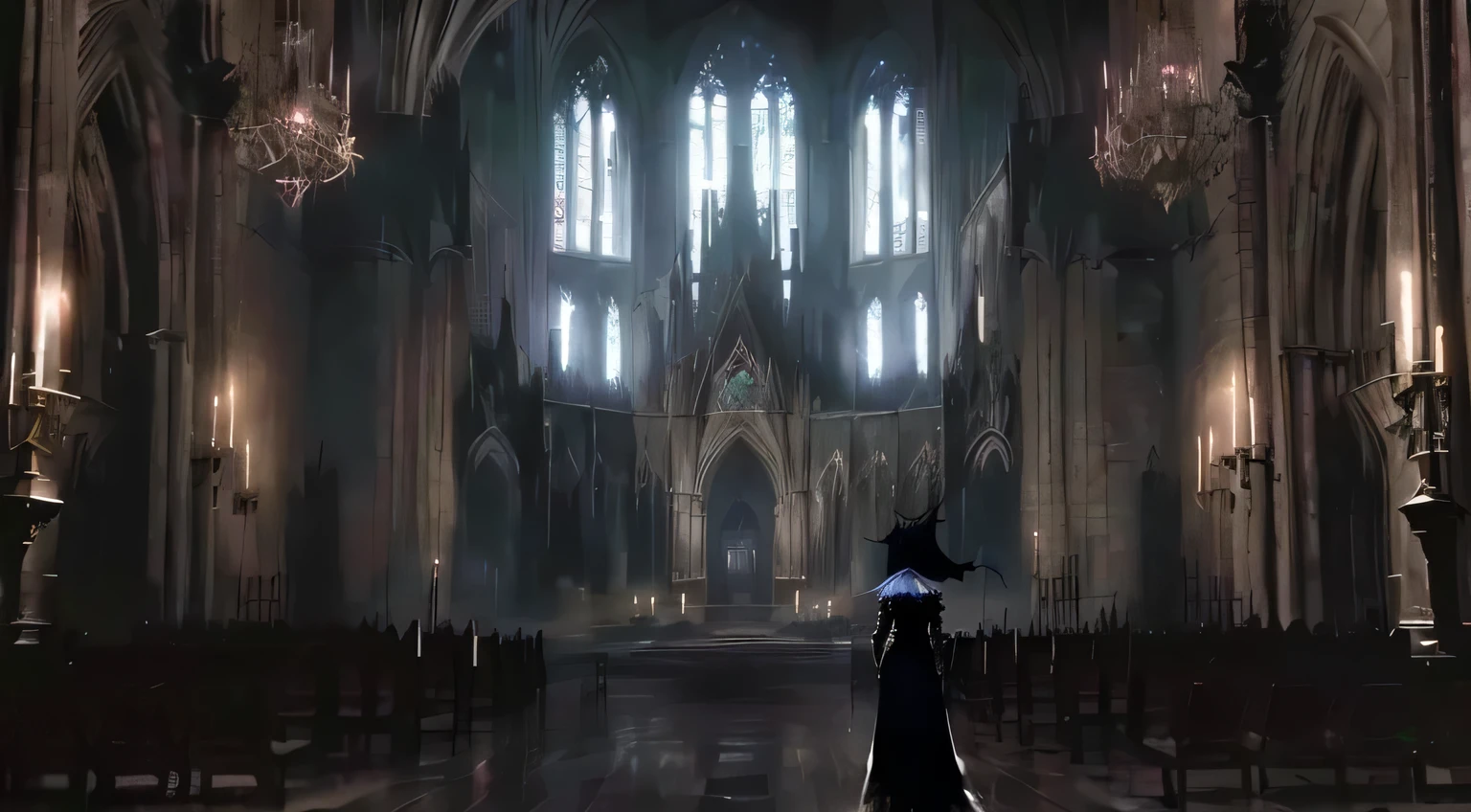 A woman standing in a church,Animation scene with candles in hand, Bloodborne Cathedral, In a cathedral, Bloodborne style, Bloodborne concept art, dark gloomy church, Behind her is a Gothic cathedral, Anor Rondo, Neo-Gothic concept, Similar to Dark Souls 3, Dark Souls Concept, From software, Dark Souls Concept art, Cathedral Background