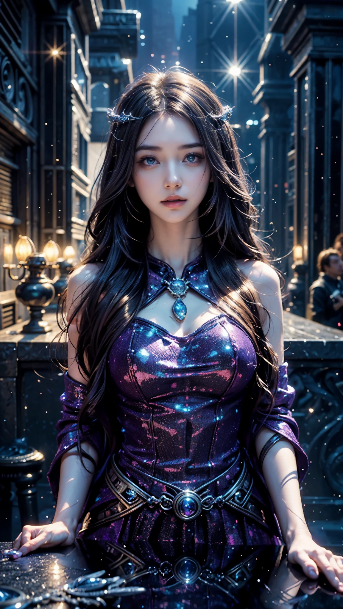 4k, ultra hd, masterpiece, 1 girl, good face, ((detailed eyes)), very long hair, impressive hairstyle, perfect brasts, fantasy cosplay, purple cosplay, night city, building, lamps, depth of field, reflection light, sparkle,