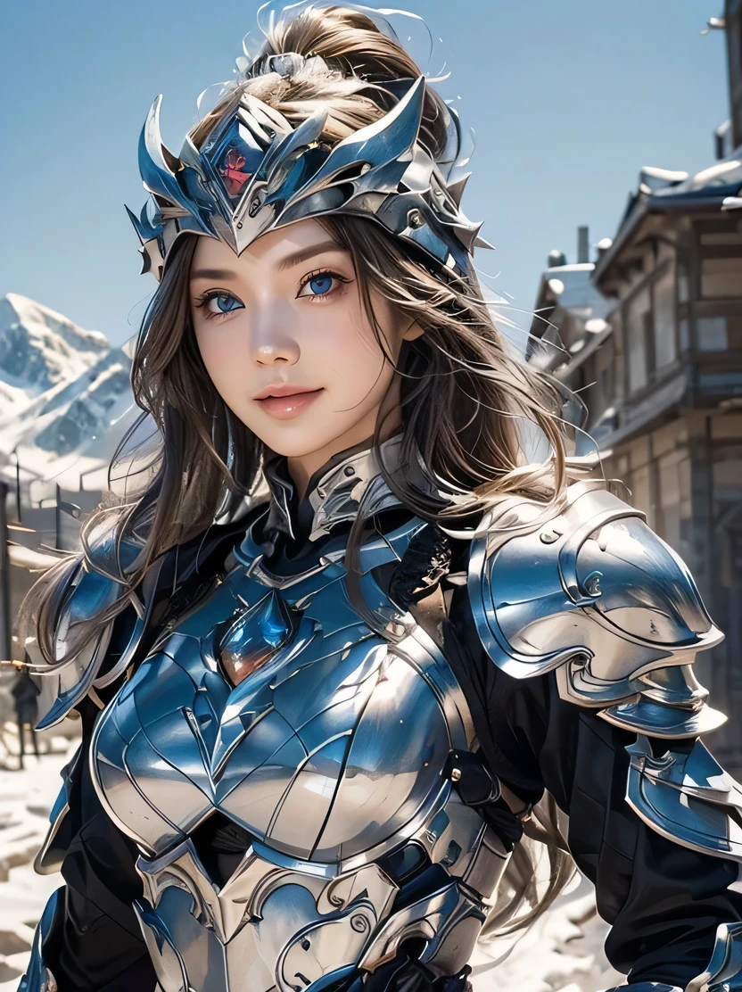 ((masterpiece、highest quality、Very detailed、High resolution、Photorealistic、Sharp focus、Cinema Lighting))、((One beautiful woman、Bust Shot、Focus on the chest up、Face Light))、Shine light on your face、Exposed to the sun from the front、High contrast、Very detailed background、Fine skin texture、((View your viewers))、White wavy long hair、Detailed face、Detailed eyes、smile、Silver Armor、Helmet、Detailed Armor Textures、Shoulder Armor、Detailed hand drawing、Combat Ready、Dynamic Action、Snowy mountains in the background、Cute blue eyes